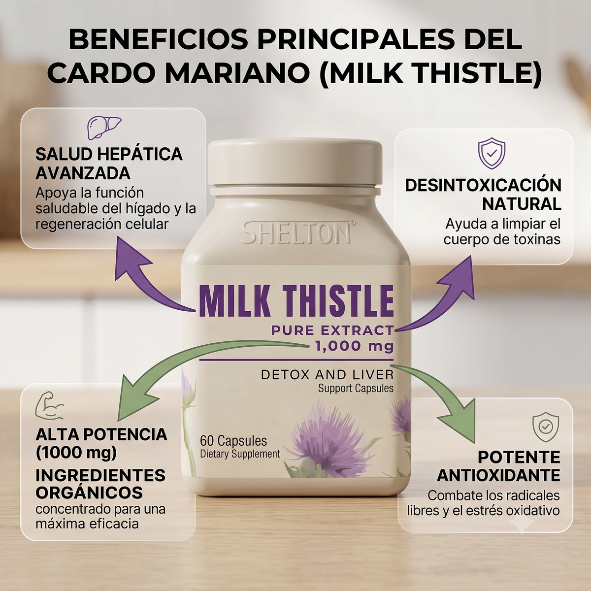 Cardo Mariano (Milk Thistle) 1000mg - Extracto Puro Shelton | Detox y Protector Hepático (60 Cápsulas)